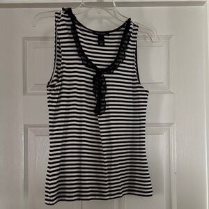 White House Black Market Ruffle Collar Black White Stripe Tank Top